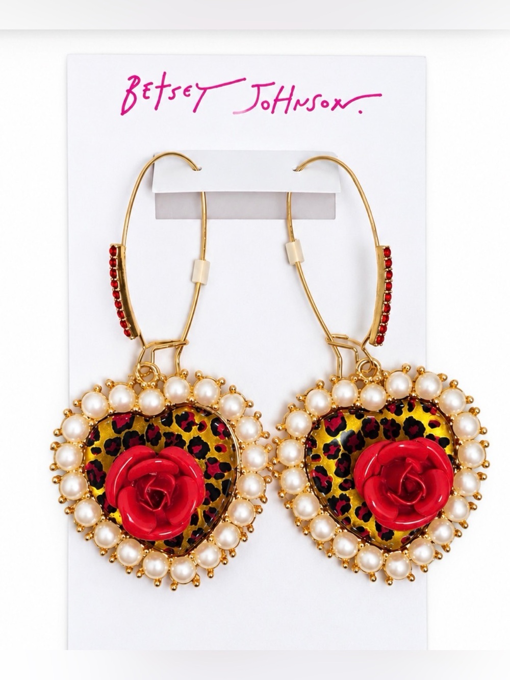 Betsey Johnson Rose Leopard Heart Hook Earrings